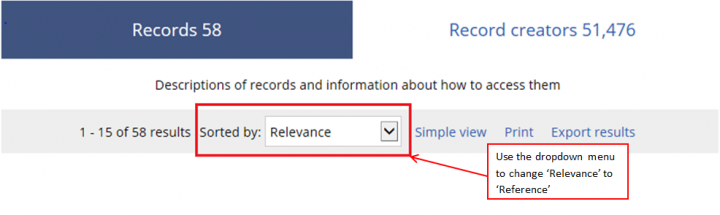 Screenshot showing the dropdown menu to change from 'Relevance' to 'Reference'.