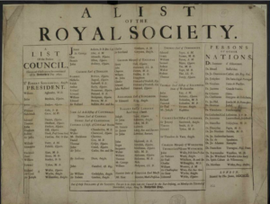 List of members of the Royal Society. Names include Isaac Newton, Samuel Pepys and Christopher Wren November 1691