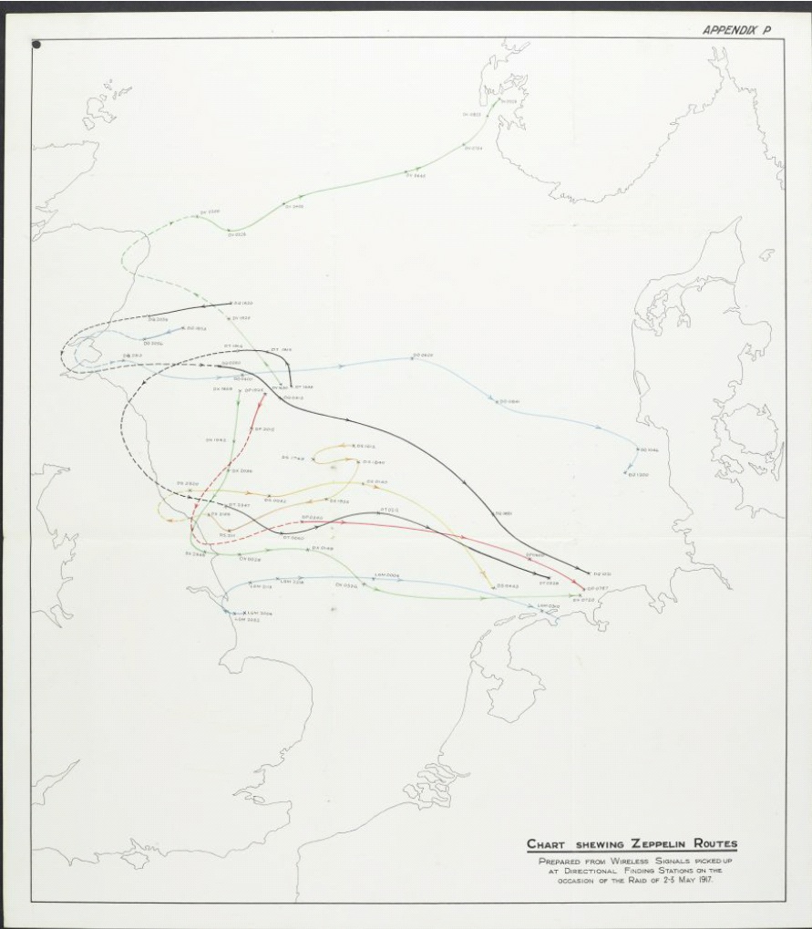 Map indicating the routes of Zeppelins that took part in the 2 and 3 May raid, 1917 (BT Archives cat ref: POST 30/4304A)