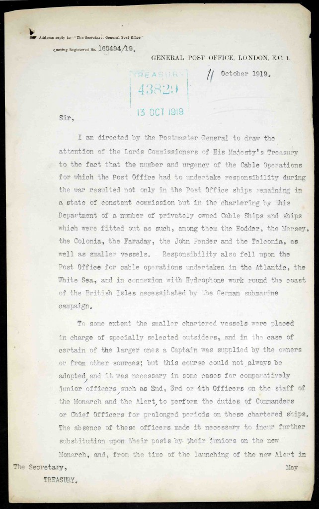 Documents to the Treasury proposing substitution payments for cable ship workers (cat ref: T1/12393/4382) pt1