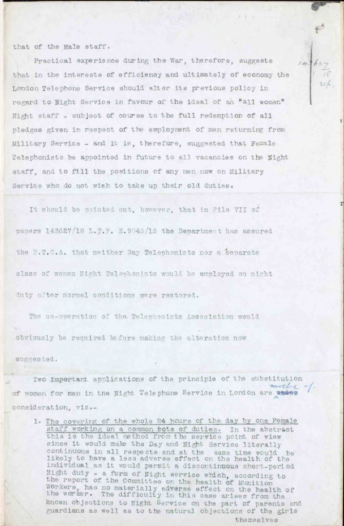 Report from the Engineering Department proposing an all female Night staff workforce (BT Archives cat ref: POST 30 4247 SF25)