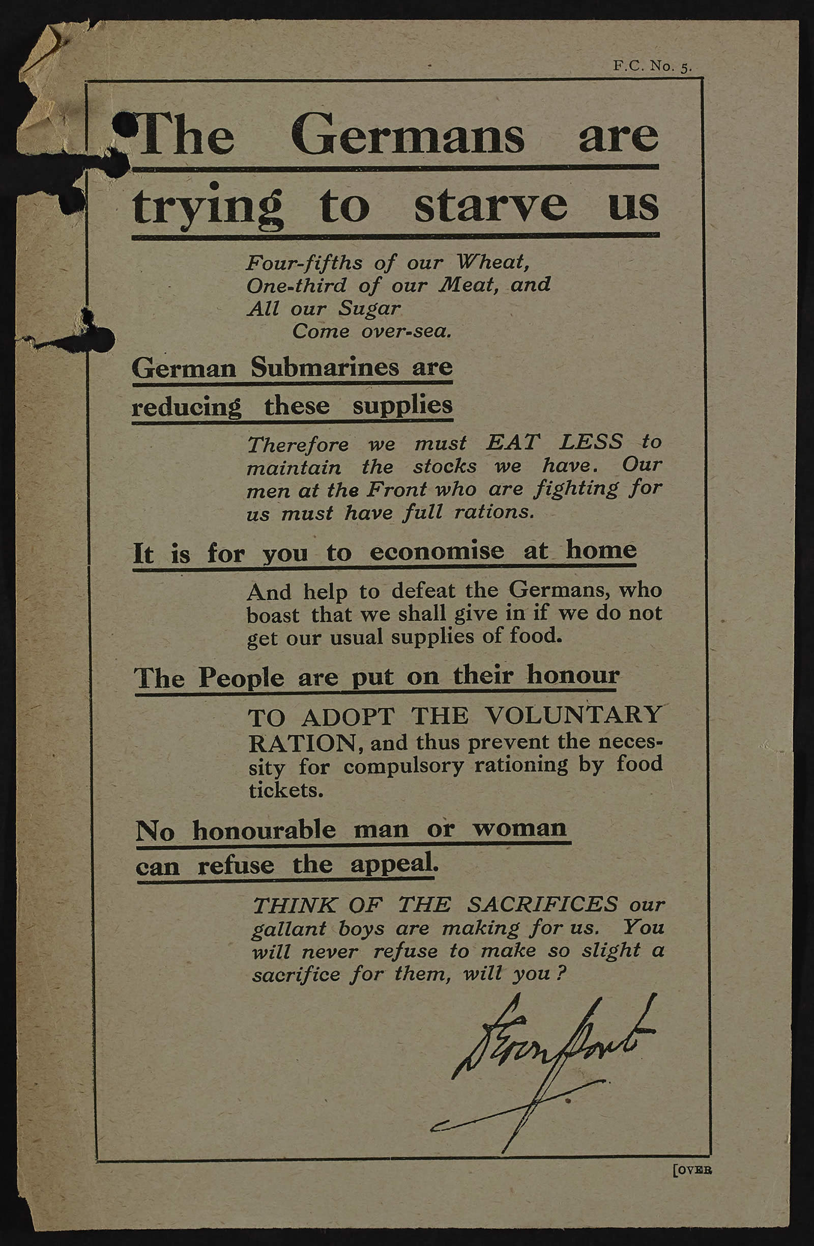 Image of a pamphlet; title reads 'The Germans are trying to starve us'