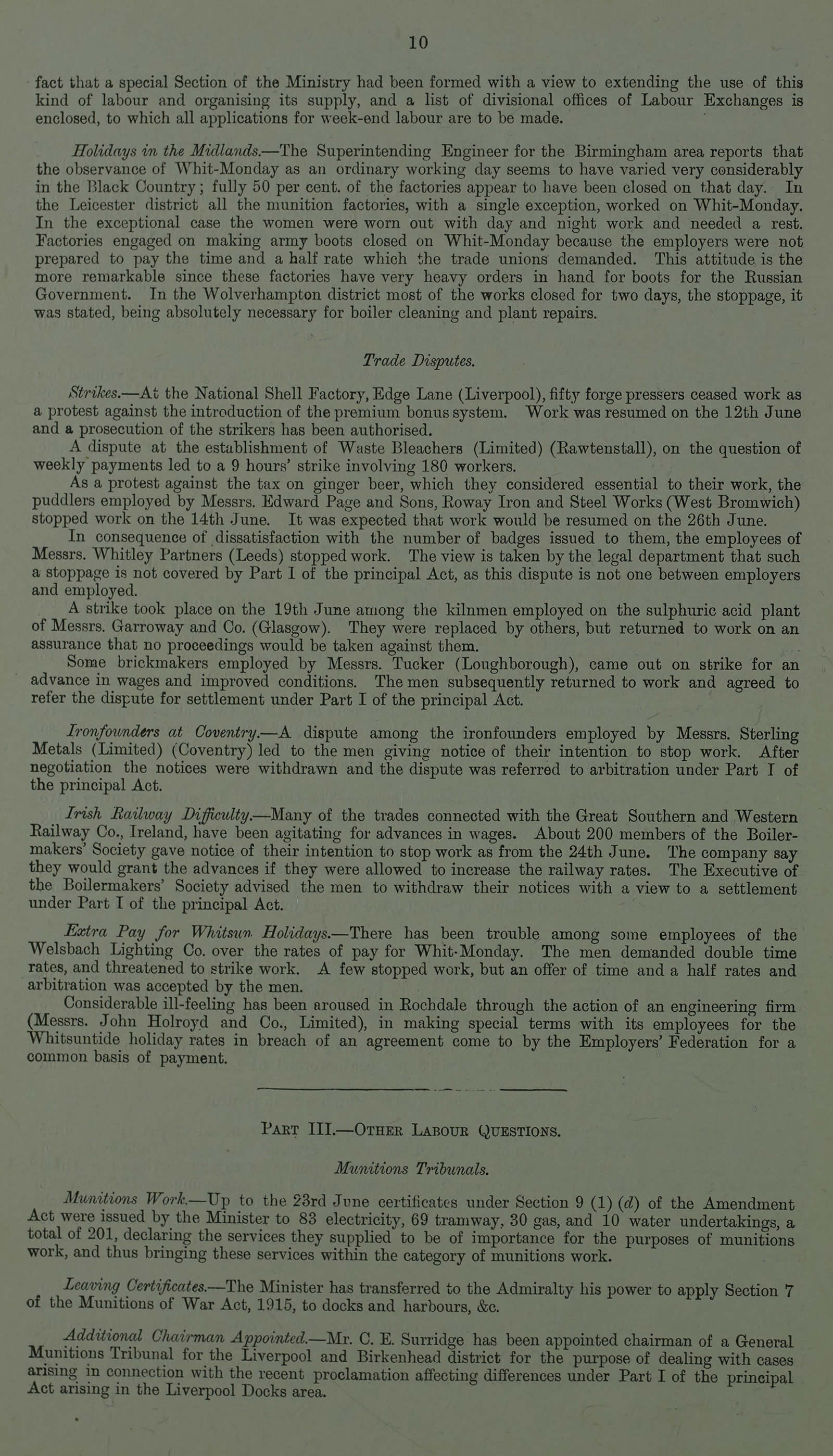 Image of one page of a typed report on trade disputes 