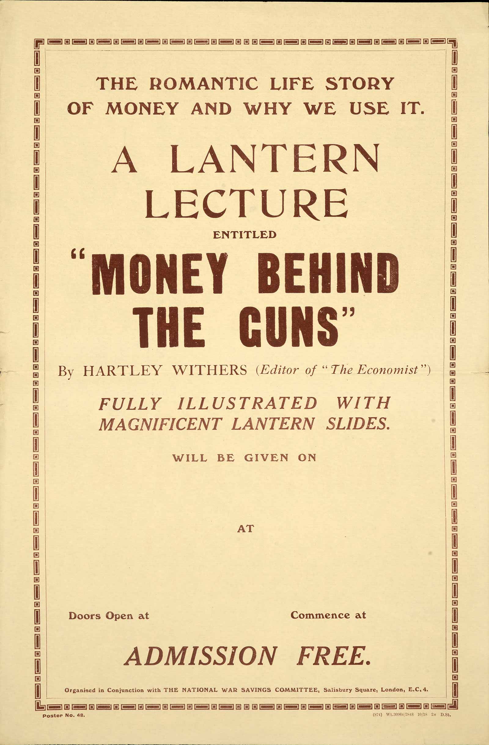 Image of poster advertising a lantern lecture called 'The Money Behind the Guns'