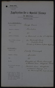Image of a special licence form, fileld in with the details of George and Emily