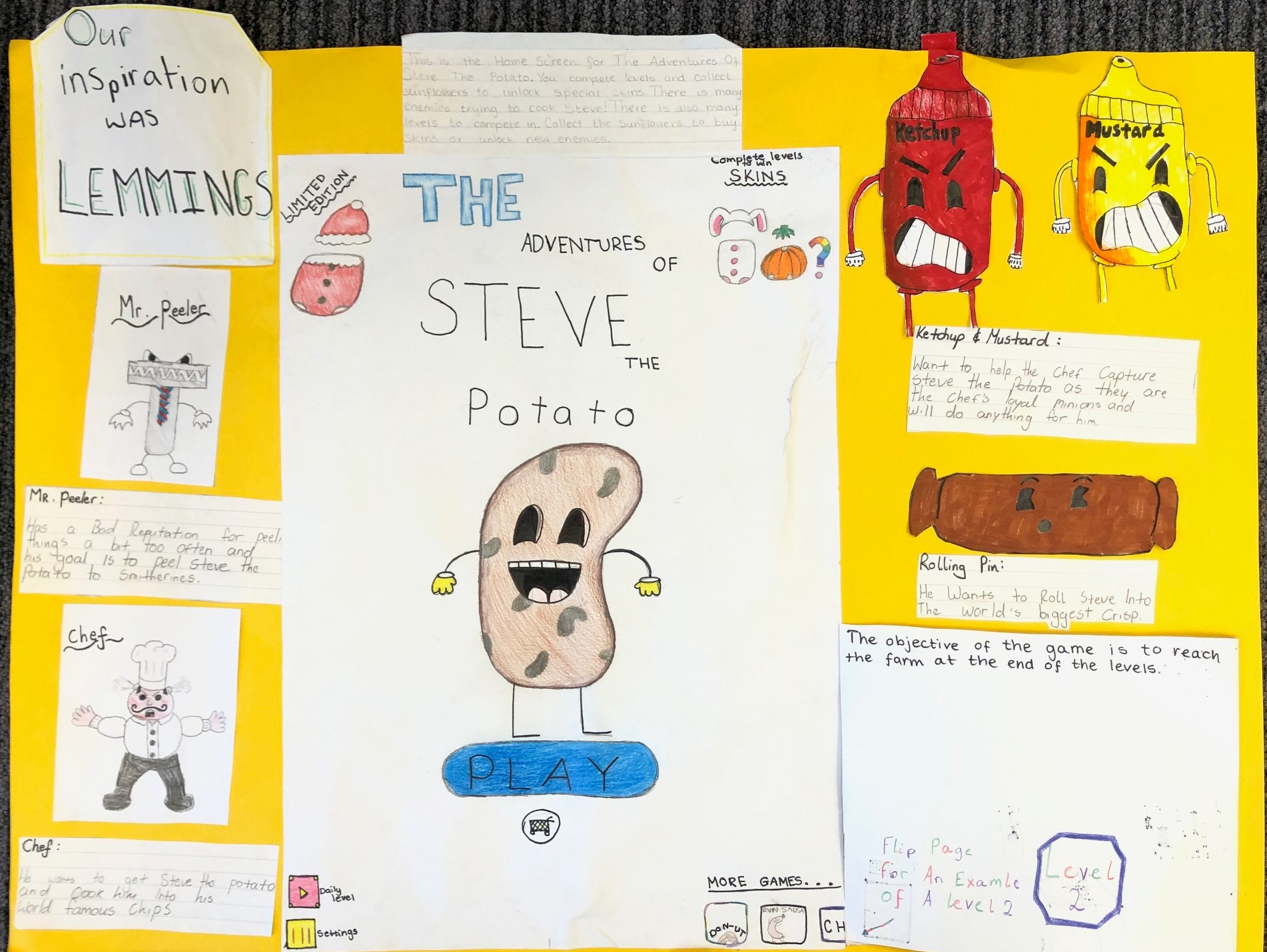 A large poster of children's drawings describing the 'adventures of Steve the potato'