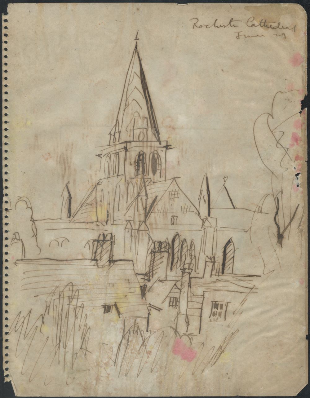 A sketch of a church on old paper
