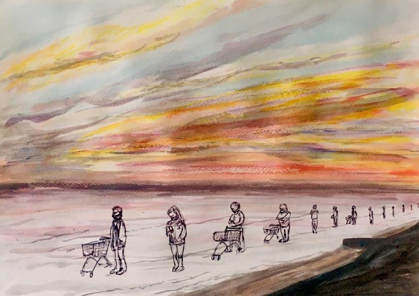 A watercolour of a brightly coloured sky and pen drawings of shoppers queueing with trolleys