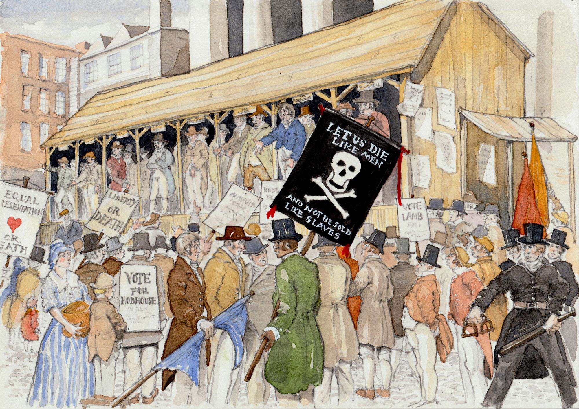 A watercolour of people protesting using placards, with police officers to the side