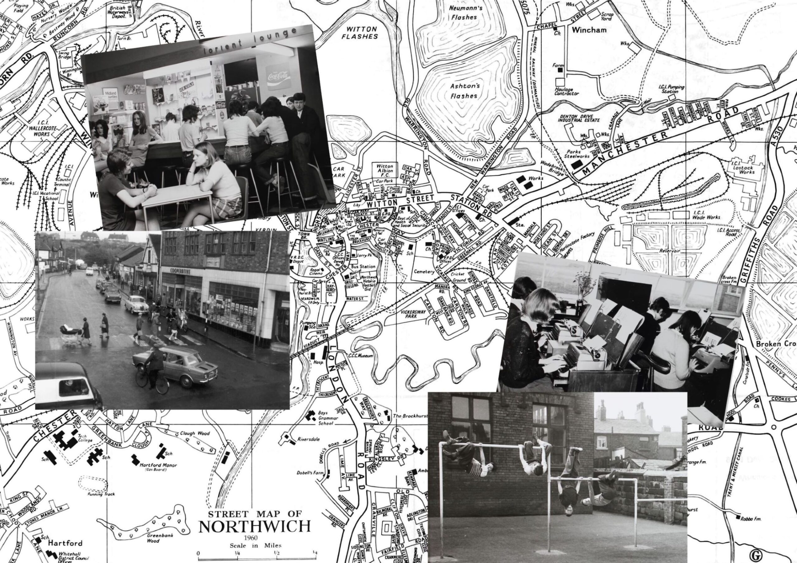 A black and white map of Northwich with photos of everyday life overlain