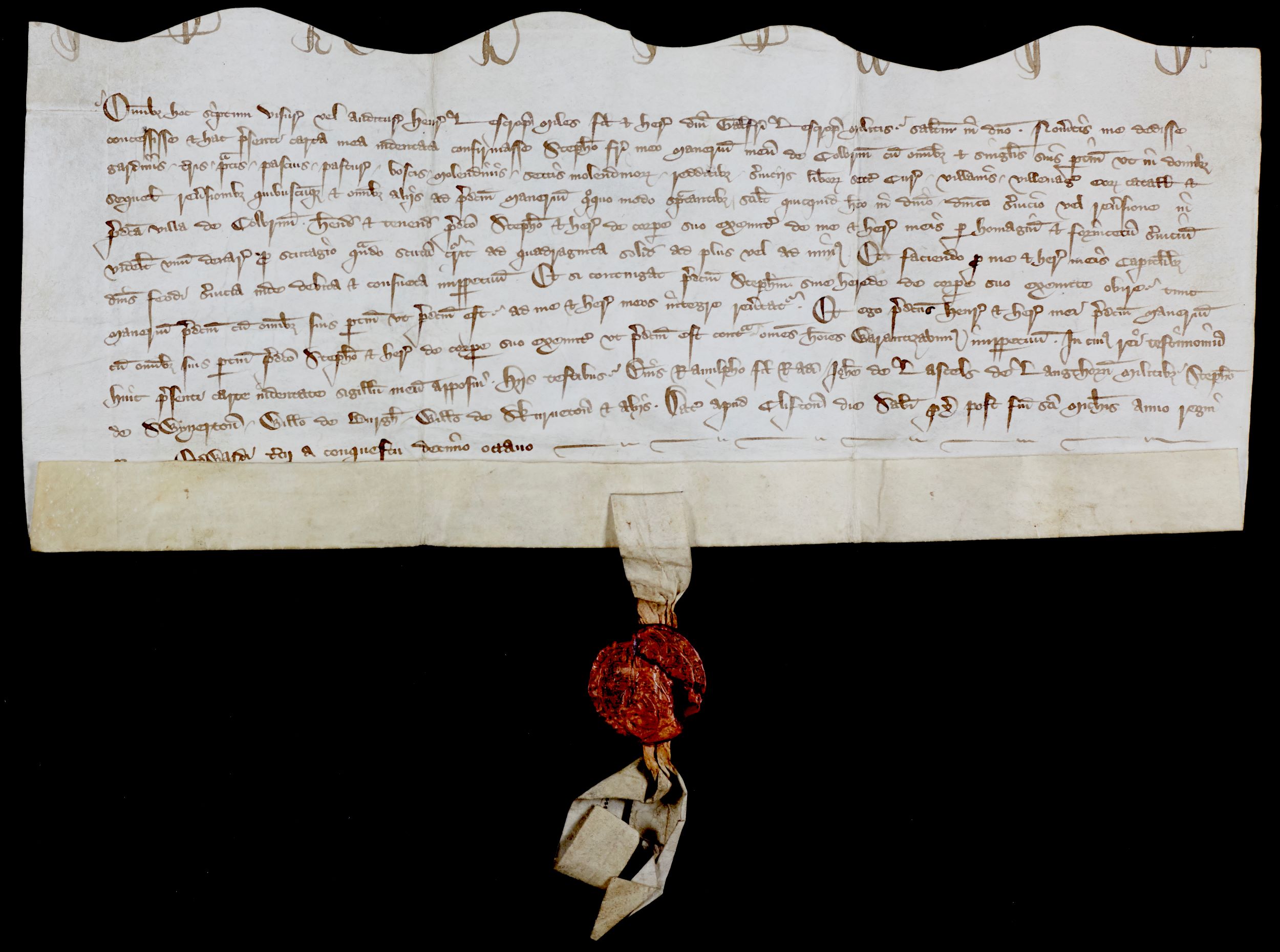 A very old grant document with a hanging wax seal