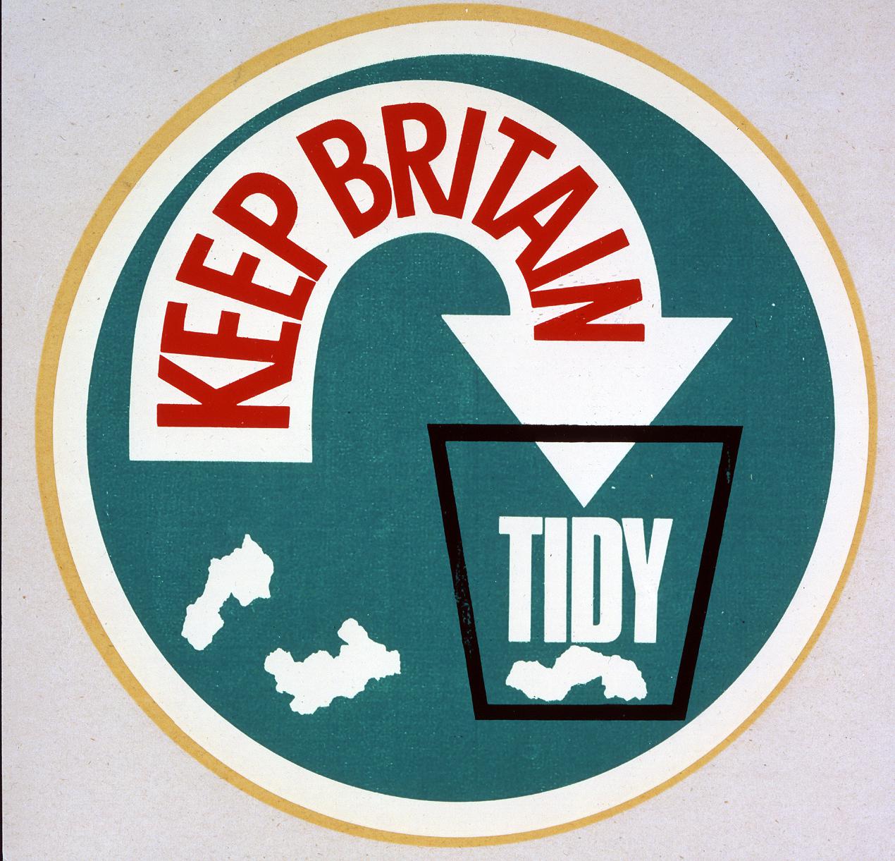 A circular poster showing an arrow pointing into a bin with the words 'Keep Britain Tidy'