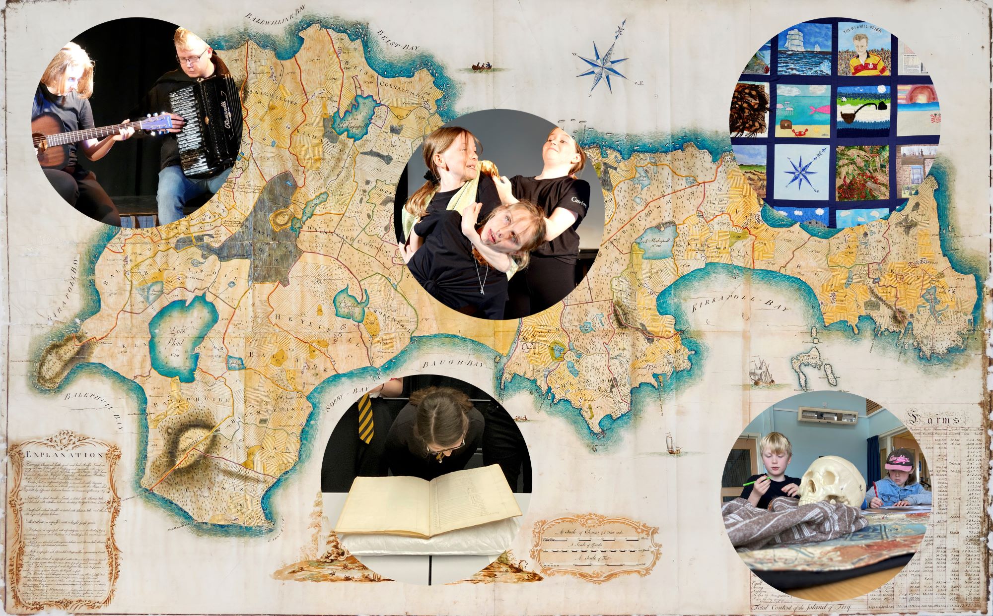 A map of an island beneath circular images of children doing activities