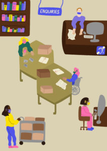 Illustration of a typical reading room. There is a bookshelf top left, a person sitting at an enquiries desk top right, two people sitting at a reading table in the centre, someone sitting at a computer bottom right, and a person pushing a trolley bottom left