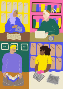 Illustration of four volunteers, working with documents