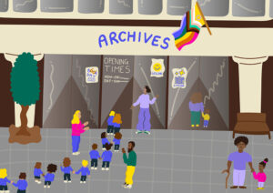 Illustration of a group of school children, lining up outside an archive
