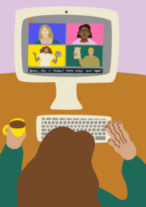 Illustration of a person on a video call with four people