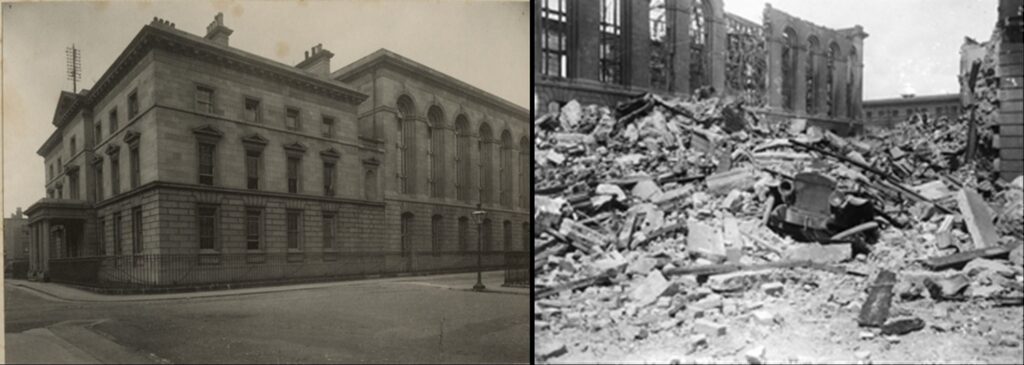 Two black and white photos side by side - the one on the left showing a grand stone building. The one on the right shows the same building, largely reduced to a pile of rubble, with the bonnet of a car visible in the pile.