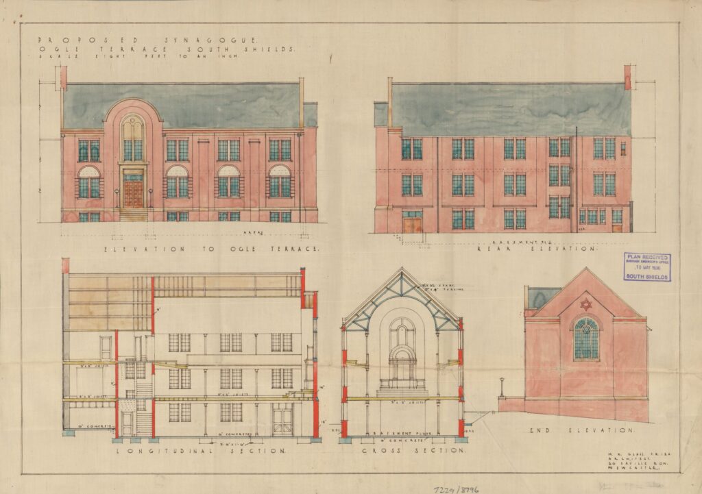 Building plan for construction of a synagogue, showing five different perspectives - 'elevation to Ogle Terrace', 'rear elevation', 'longitudinal elevation', cross section', and 'end elevation'. The plan is titled 'Proposed Synagogue. Ogle Terrace South Shields. Scale eight feet to an inch.' The exterior of the building in the plan has been coloured pink, with a grey roof.