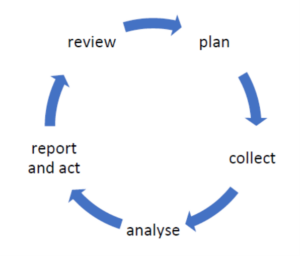 A cyclical diagram with 5 arrows forming a circle. In between the arrows are headings, which start from the top right of the circle and continue clockwise. The titles are (from top right) 'plan', 'collect', 'analyse', 'report and act', and 'review'