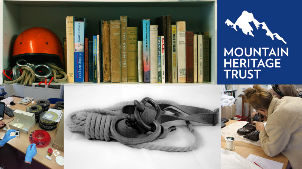 A montage image, including 5 images. Clockwise from top left, there is: A red helmet and ropes on a shelf, next to some books; The Mountain Heritage Trust logo, featuring a navy blue background, name of the trust in white capitals, and the silhouette of a mountain depicted in white; two people leaning over a table, examining some objects; a black and white photo of some ropes; a person wearing blue disposable gloves, examining some old photo negatives.
