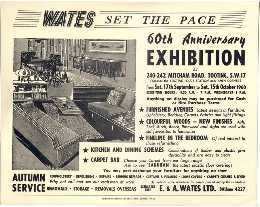 Printed single page landscape publication, with black lettering on a straw-coloured background. The majority of the left side of the publication is taken up with a black and white illustration of various items of furniture, in one room - a dining table and four chairs, a sofa and coffee table, a chair and side table, and two sideboards.