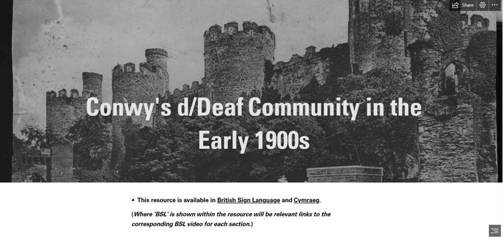 A screenshot of a webpage banner image depicting a castle. Over this, white text reads: 'Conwy's d/Deaf Community in the Early 1900s'.