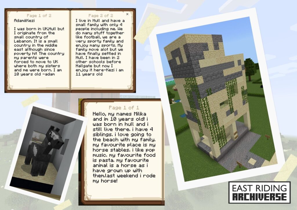 A digital rendering (reminiscent of Minecraft animation) depicts two documents, an image of a horse and the image of a building.