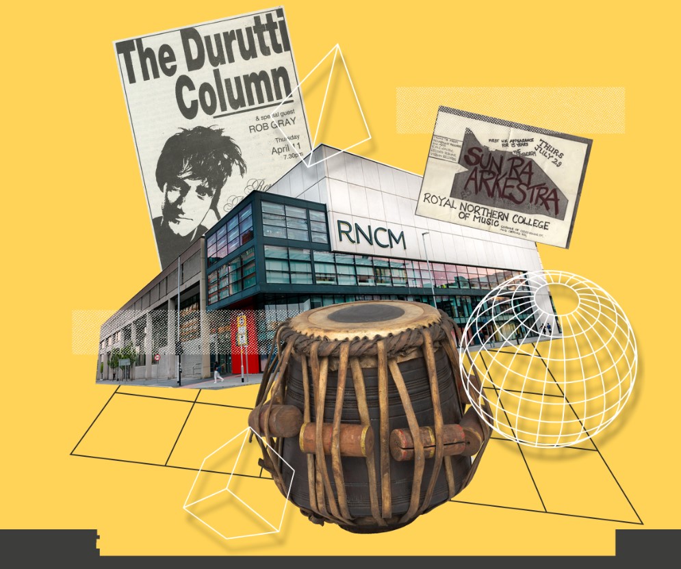 A digital collage of items displayed on a bright yellow background. Items include: a bongo drum, a magazine cover with a man's face and the Royal Northern College of Music building.