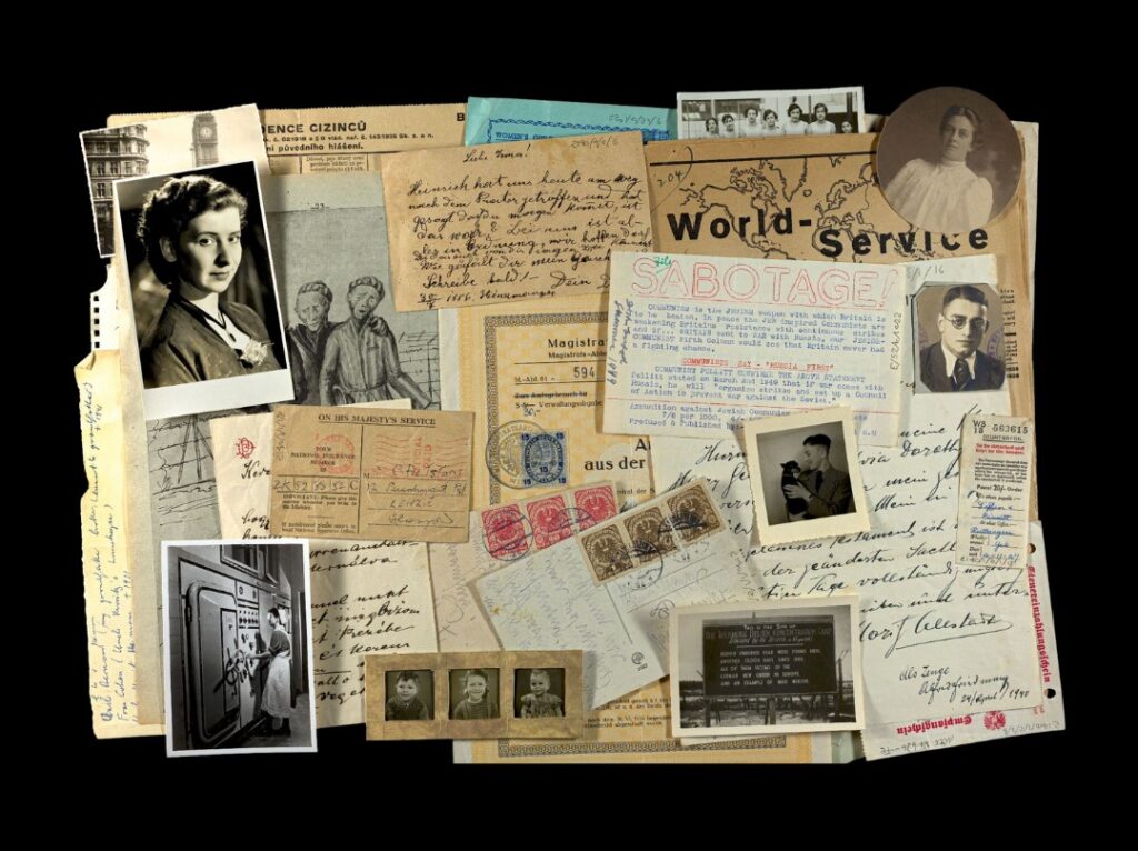 A collection of black-and-white photographs, handwritten postcards and notes written on a typewriter.
