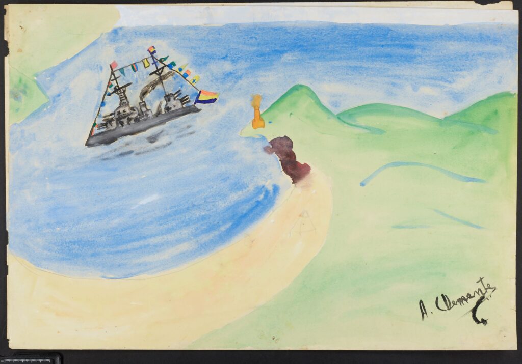 A painting of a battleship in a bay