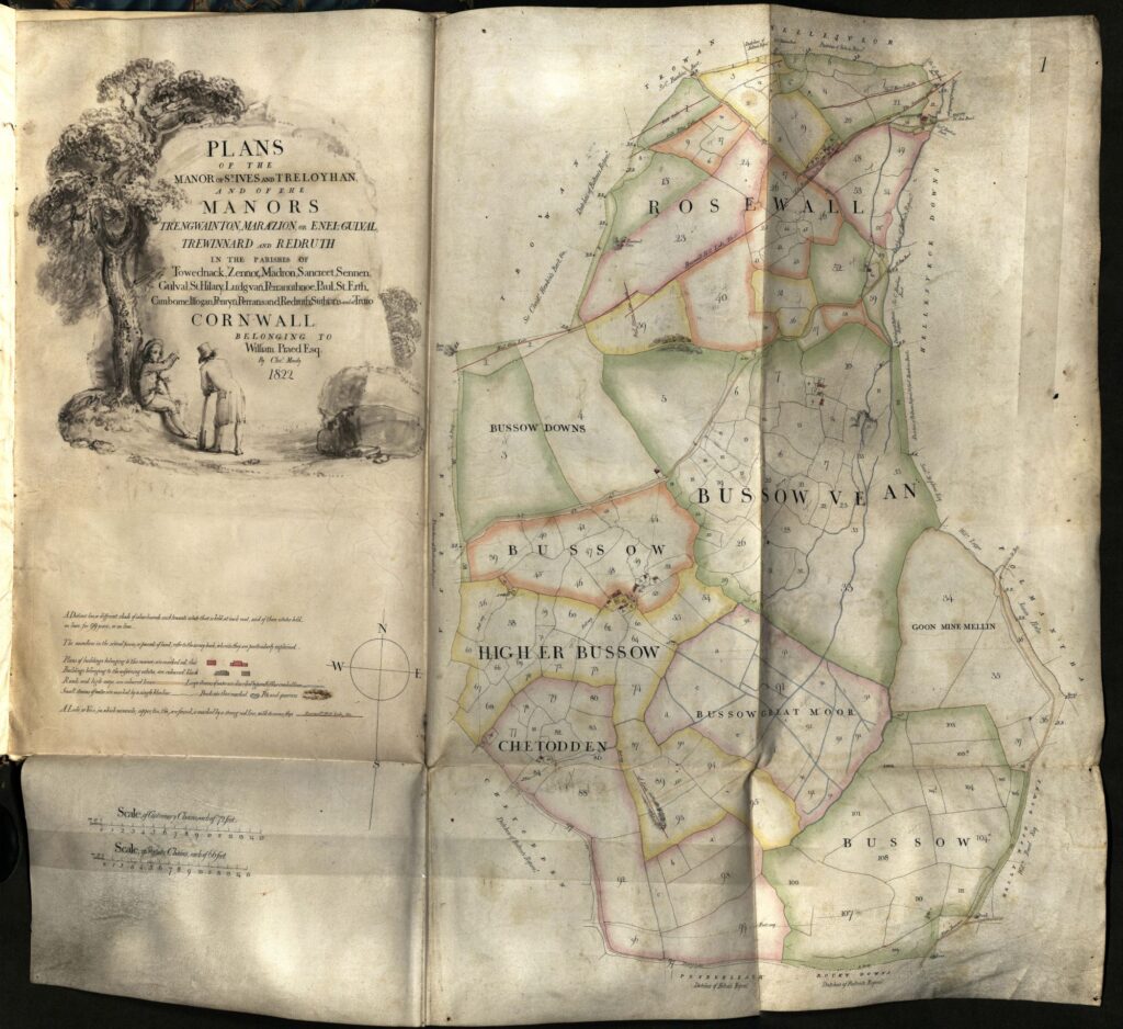 A toning map from 1822 showing various manors in Cornwall.