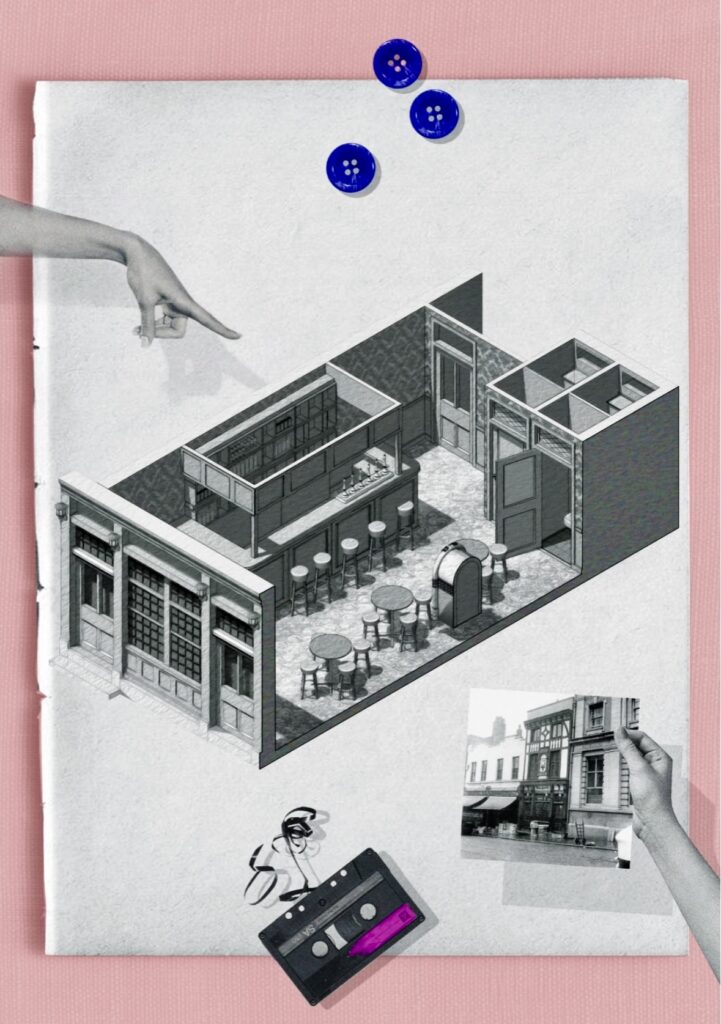 An architectural illustration, designed digitally, of the 3D space and furniture inside a pub. A hand points from above into the room.