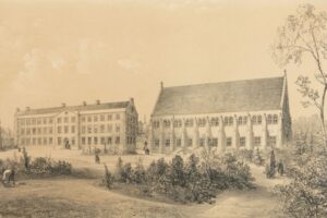 A pencil sketch of two buildings and a large garden on tanned paper.