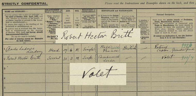 A screenshot of Robert (Bobby) Hector Britt’s 1921 Census record. The main image is darkened slightly. His name and occupation are superimposed on top, in the original colour.