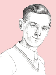 A black and white pencil portrait illustration of Daniel Haydn Mainwaring, on a pink background