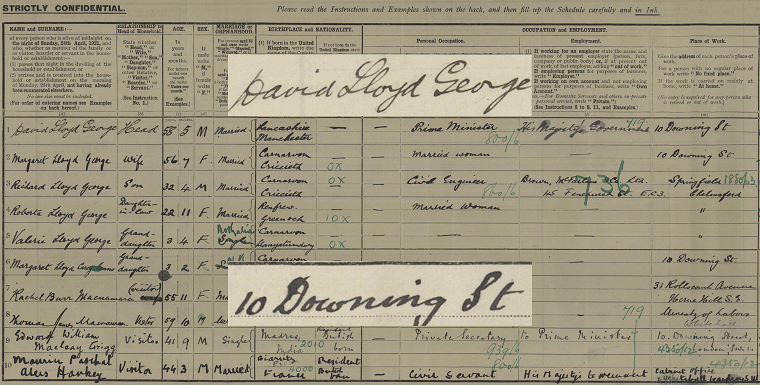 A screenshot of David Lloyd George’s 1921 Census record. The main image is darkened slightly. His name and residence - 10 Downing Street - are superimposed on top, in the original colour.
