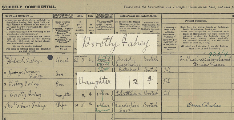 Dorothy Fahey's 1921 Census record. The main image is darkened slightly. Her name, relationship and age (daughter, 2 months 4 days old) are superimposed on top, in the original colour.
