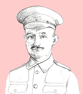 An illustration of Ernest Butterworth, drawn in his uniform on a pink background