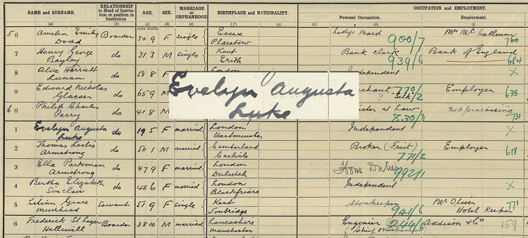 A screenshot of Evelyn Dove's 1921 Census record. The main image is darkened slightly. Her married name - Evelyn Augusta Luke - is superimposed on top, in the original colour.