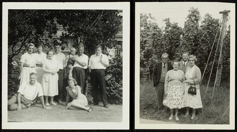 Two black and white photos featuring Florence Julia Street in the 1960s. In the left photo, she is stood (far left) with family, her husband Norman and younger daughter seated on the grass. In the right photo, she is stood on the right, next to Norman.