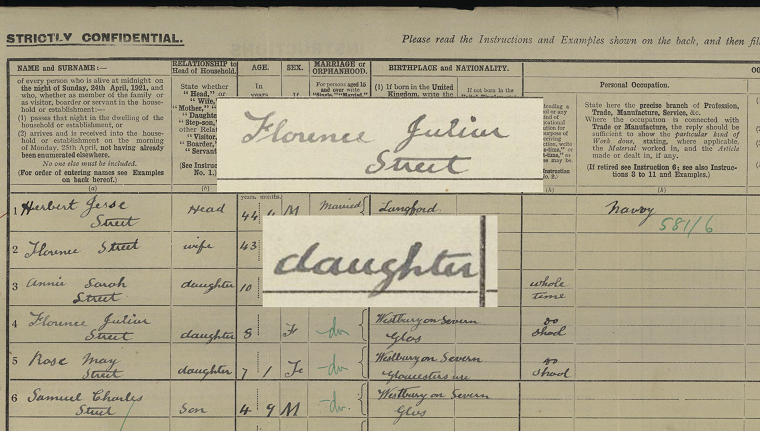 A screenshot of Florence Julia Street's 1921 Census record. The main image is darkened slightly. Her name and relationship - daughter - are superimposed on top, in the original colour.