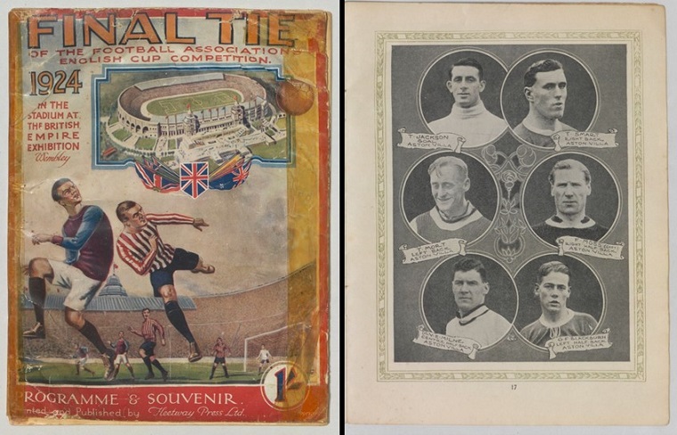 On the left, a photo of the original 1924 FA Cup Final programme cover and, right, the inside feature of Frank Moss (middle right).