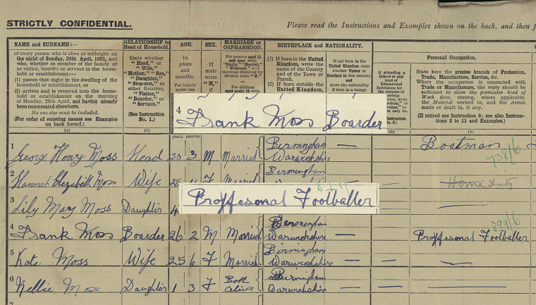 A screenshot of Frank Moss' 1921 Census record. The main image is darkened slightly. His name and occupation, as well as his status as a boarder, not a relative, is superimposed on top, in the original colour.