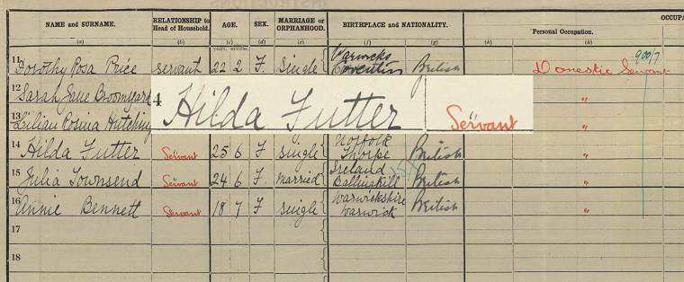 A screenshot of Hilda Toyokawa's 1921 Census record. This census was taken before her marriage, so her name is listed as Hilda Futter. The main image is darkened slightly. Her name and occupation (listed in the 'relationship to head of household' column as 'servant') are superimposed on top, in the original colour.