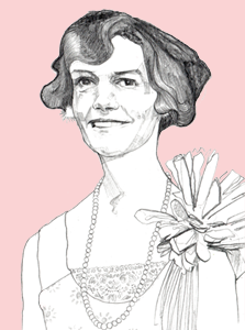 A black and white pencil portrait illustration of Kate Meyrick, on a pink background