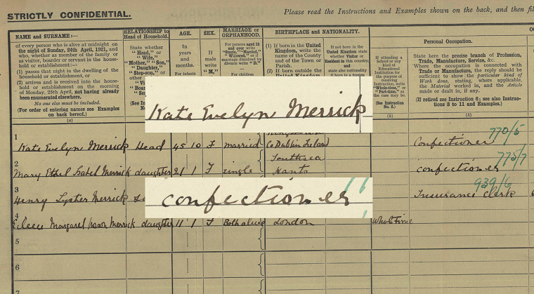 A screenshot of Kate Meyrick's census return, with her name and occupation superimposed over the top.