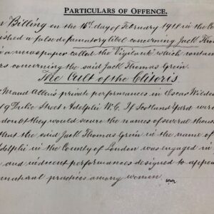 An extract from the Central Criminal Court Indictments, recorded during Maud Allan's trial. 'Particulars of Offence' has been typed at the top; the remainder is written by hand, in cursive lettering. 'The Cult of the Clitoris' is enlarged and underlined in the middle. 