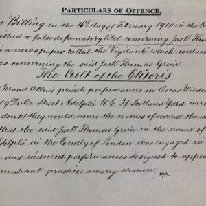 An extract from the Central Criminal Court Indictments, recorded during Maud Allan's trial. 'Particulars of Offence' has been typed at the top; the remainder is written by hand, in cursive lettering. 'The Cult of the Clitoris' is enlarged and underlined in the middle.
