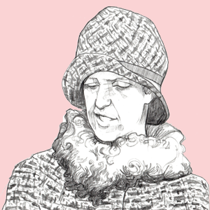 A black and white pencil portrait illustration of Mary Bailey, on a pink background